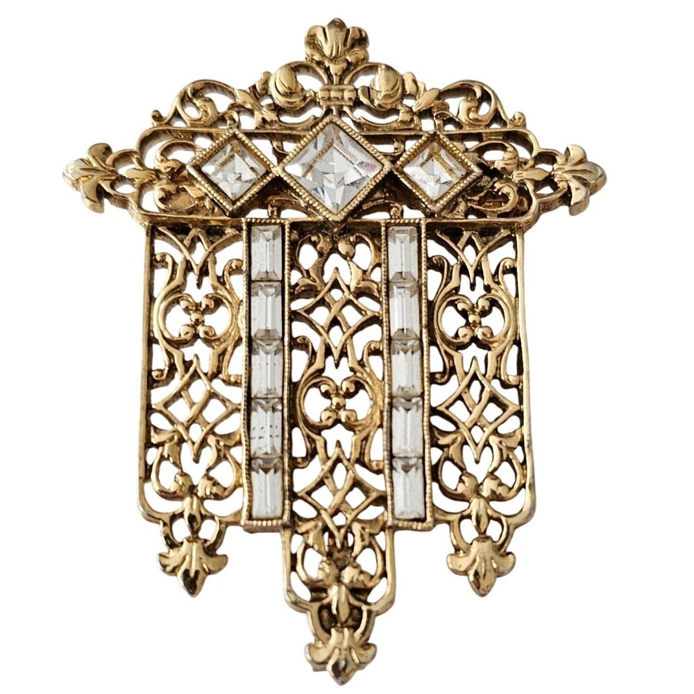 1928 Brand Brooch Art Deco Style Fleur De Lis Clear Rhinestones Bar Pin C916